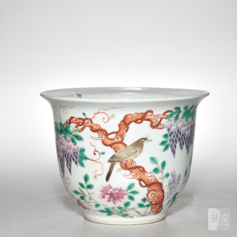 清晚期 粉彩花鸟葡萄纹花盆 - 图5